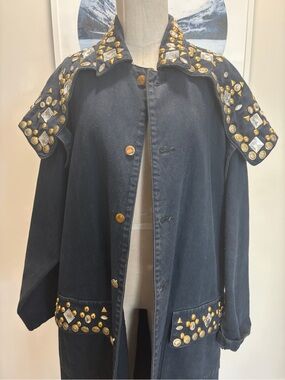 Black Embellished Western Long Jacket - Gold Stud Detail with Storm Flap